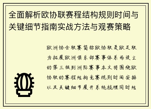 全面解析欧协联赛程结构规则时间与关键细节指南实战方法与观赛策略 全面解析欧协联赛程结构规则时间与关键细节指南实战方法与观赛策略